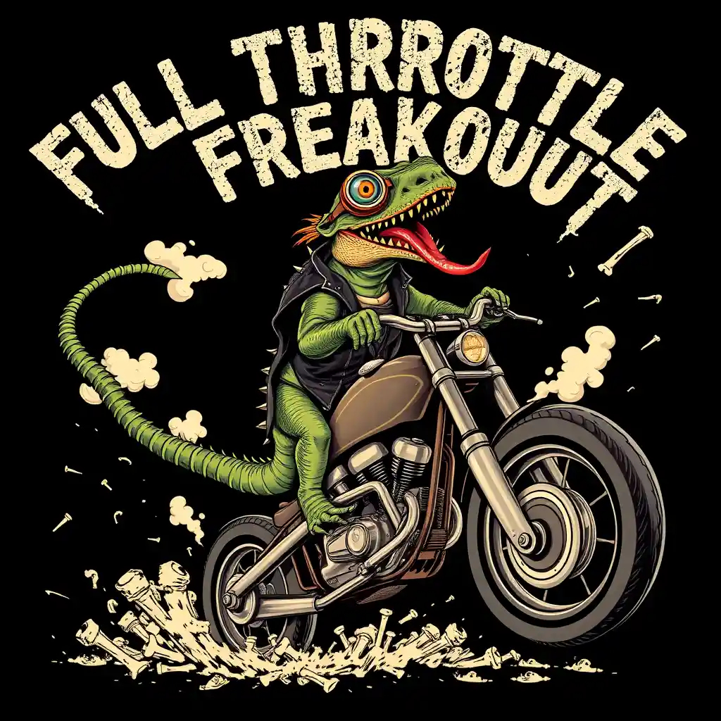 Lizard monster popping a wheelie on custom motorcycle