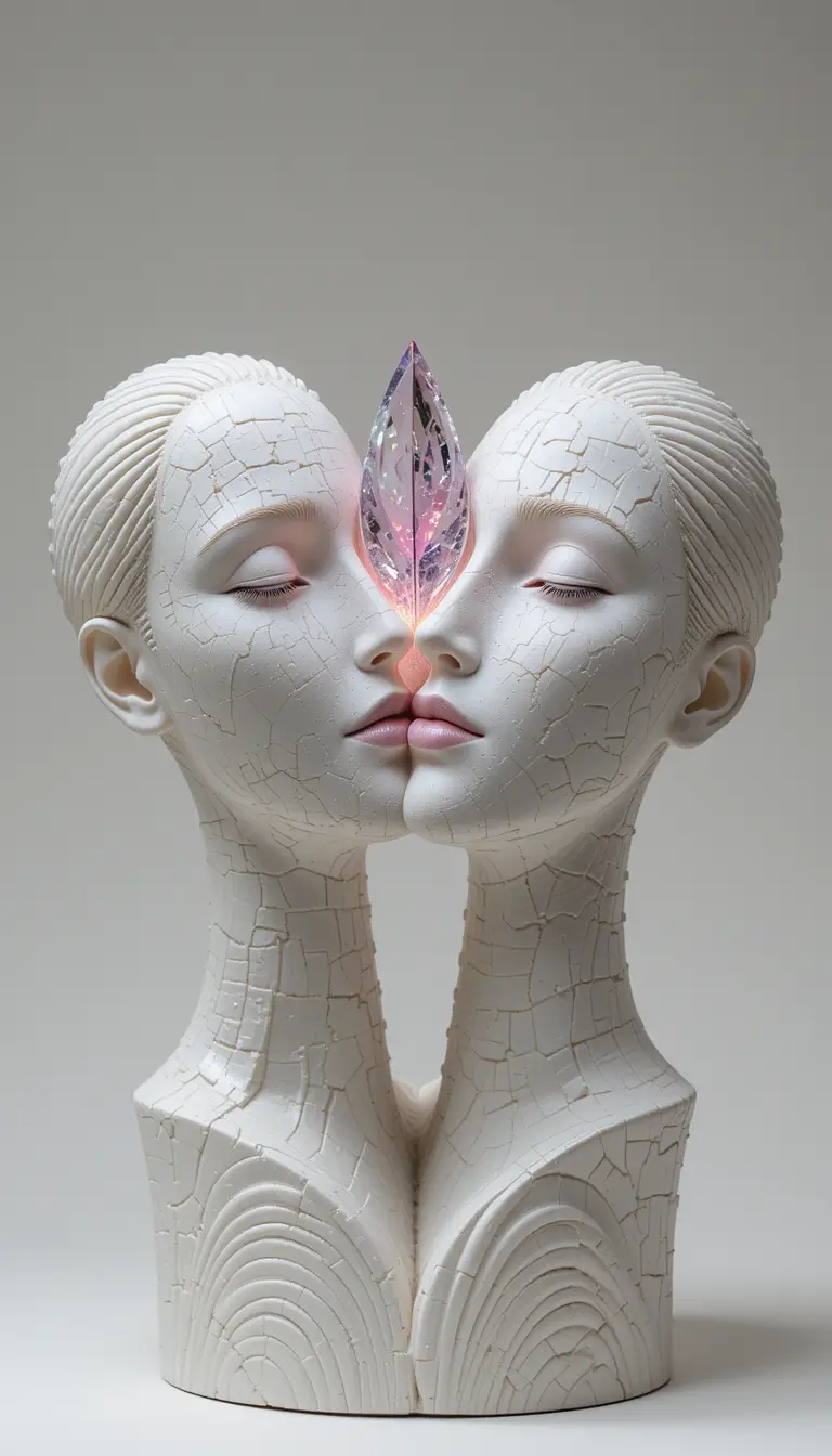 Plaster sculpture of two peaceful faces with crystal star