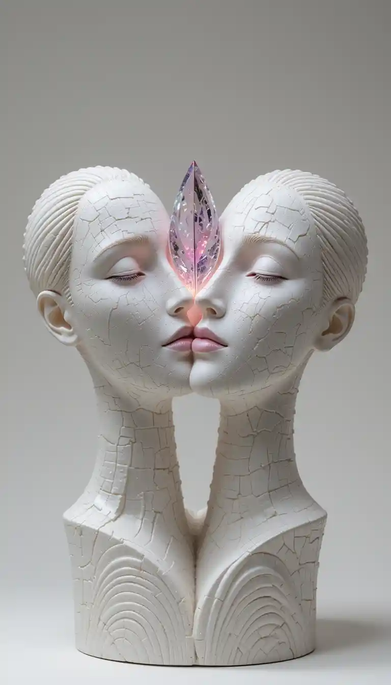 Plaster sculpture of two peaceful faces with crystal star