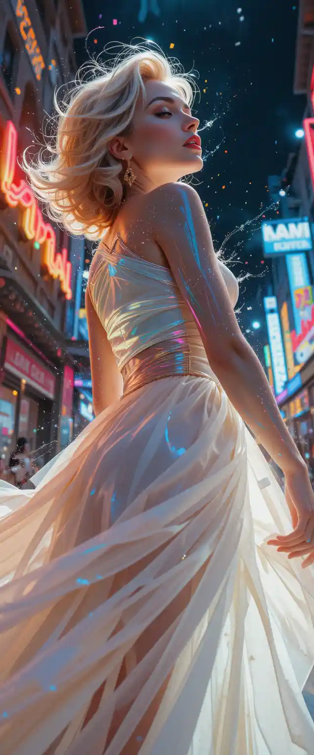 Dramatic low angle portrait of woman in white dress