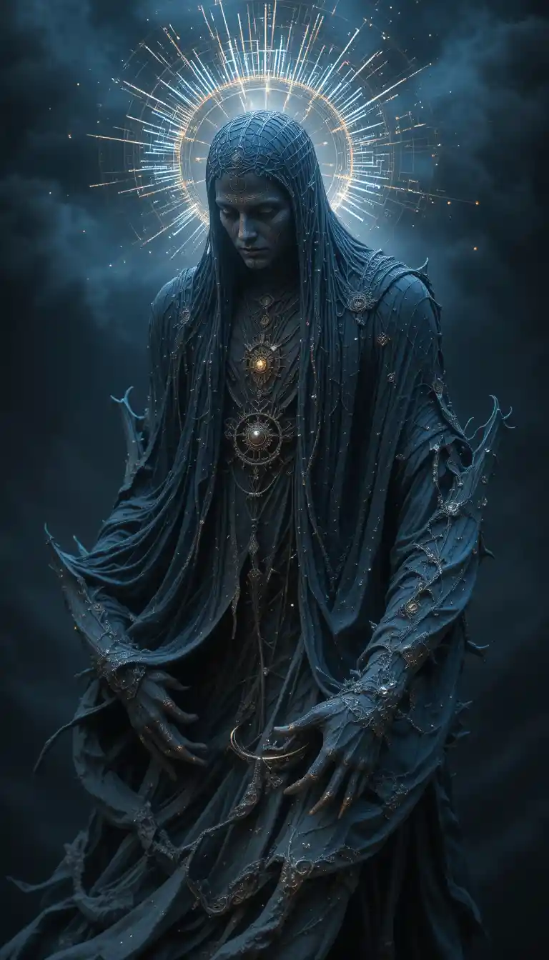 Hooded pilgrim sculpture with glowing inner light