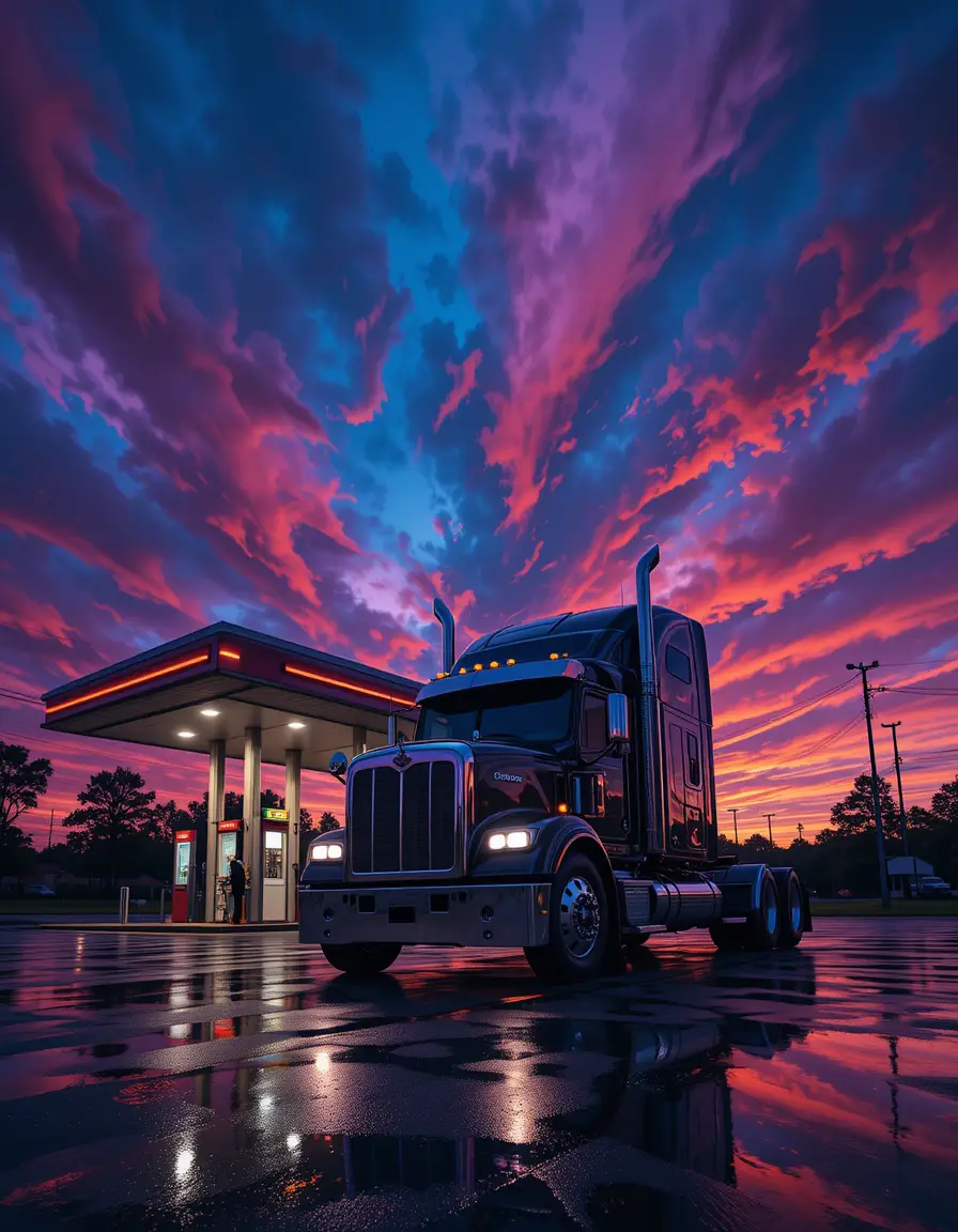 Semi truck at gas station under dramatic sunset sky