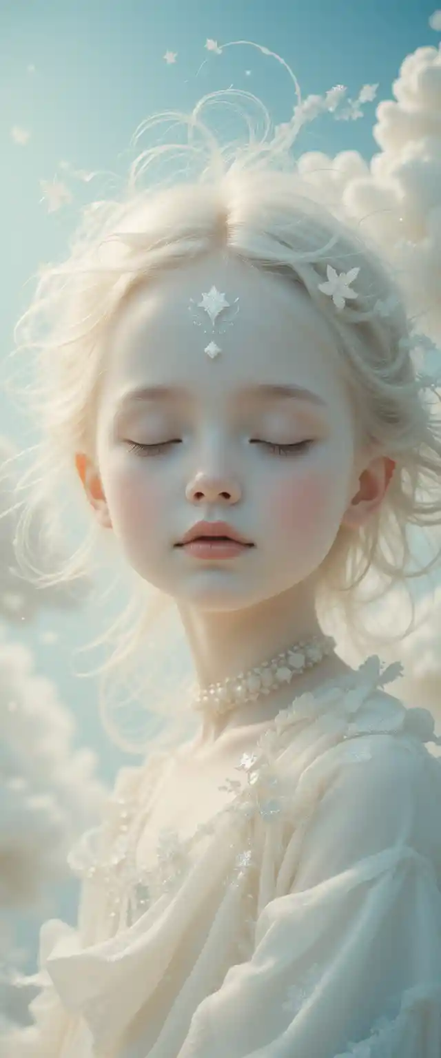 Ethereal child portrait in soft watercolor sky tones
