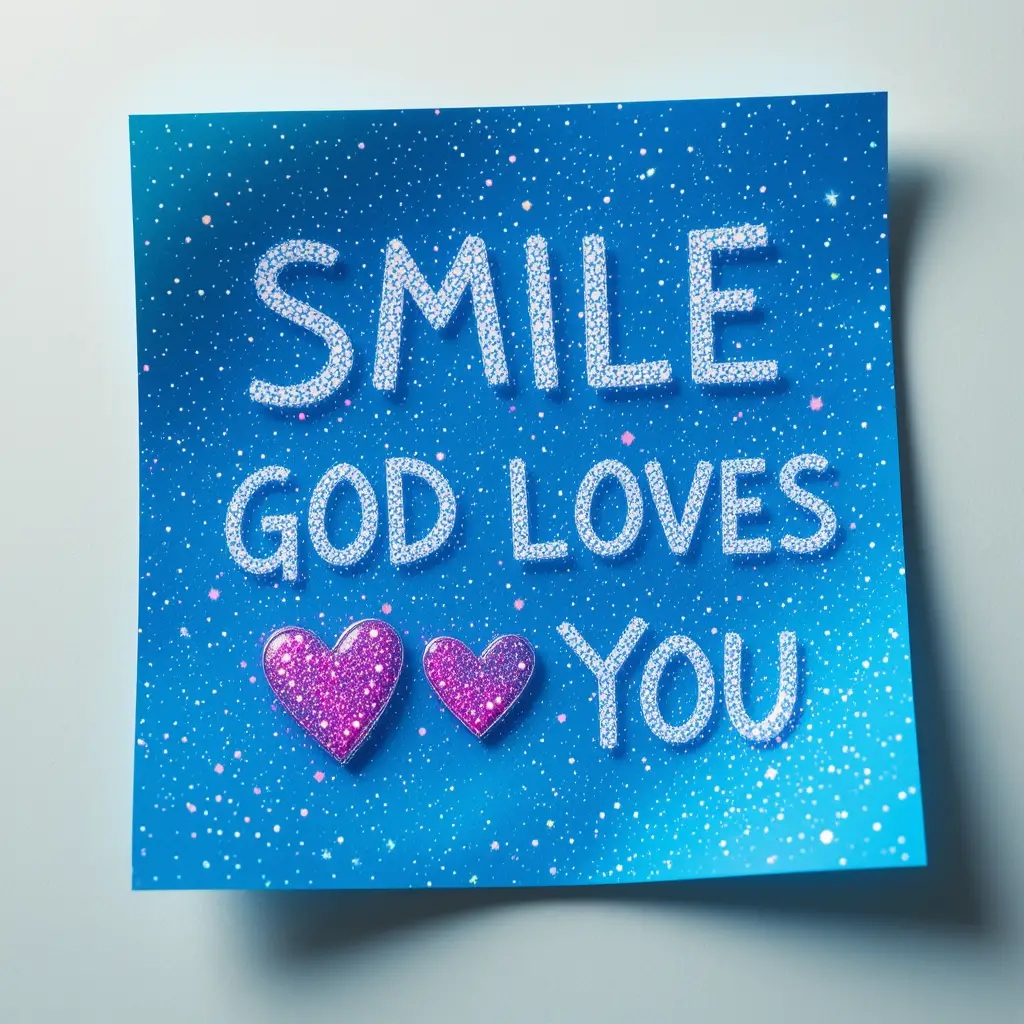 Blue sticky note with uplifting message and hearts