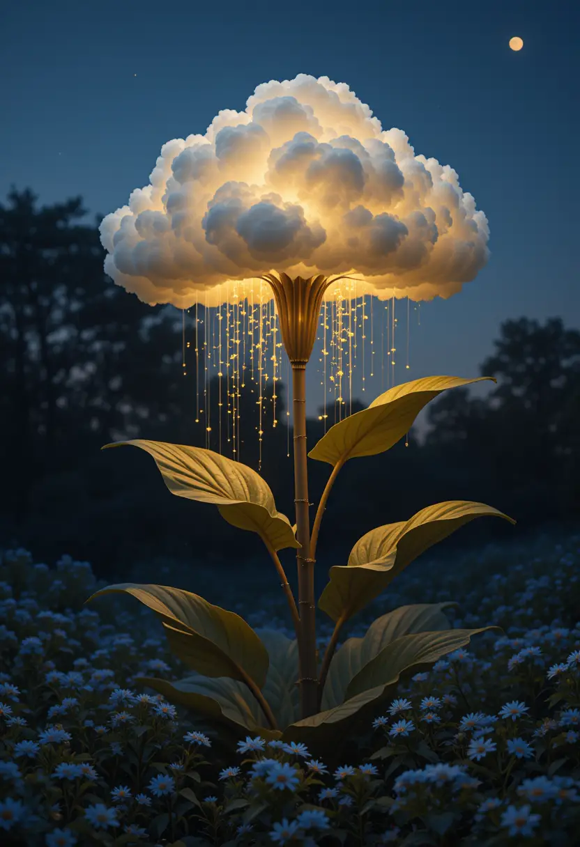 Surreal Fantasy Plant With Glowing Cloud Flower At Night