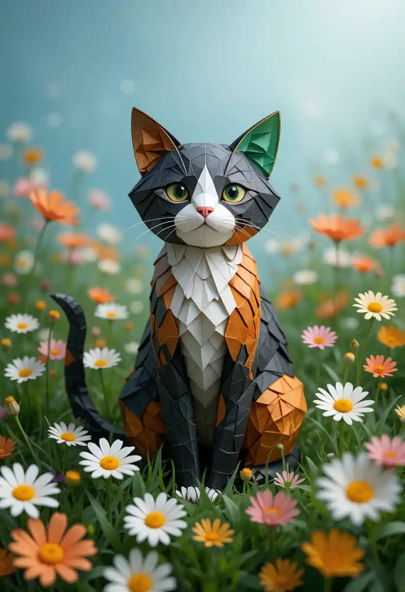 Origami style cat in colorful flower field