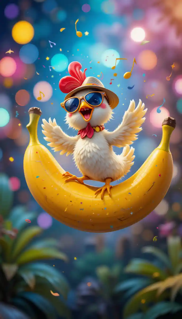 Cartoon chicken riding banana and singing in the sky