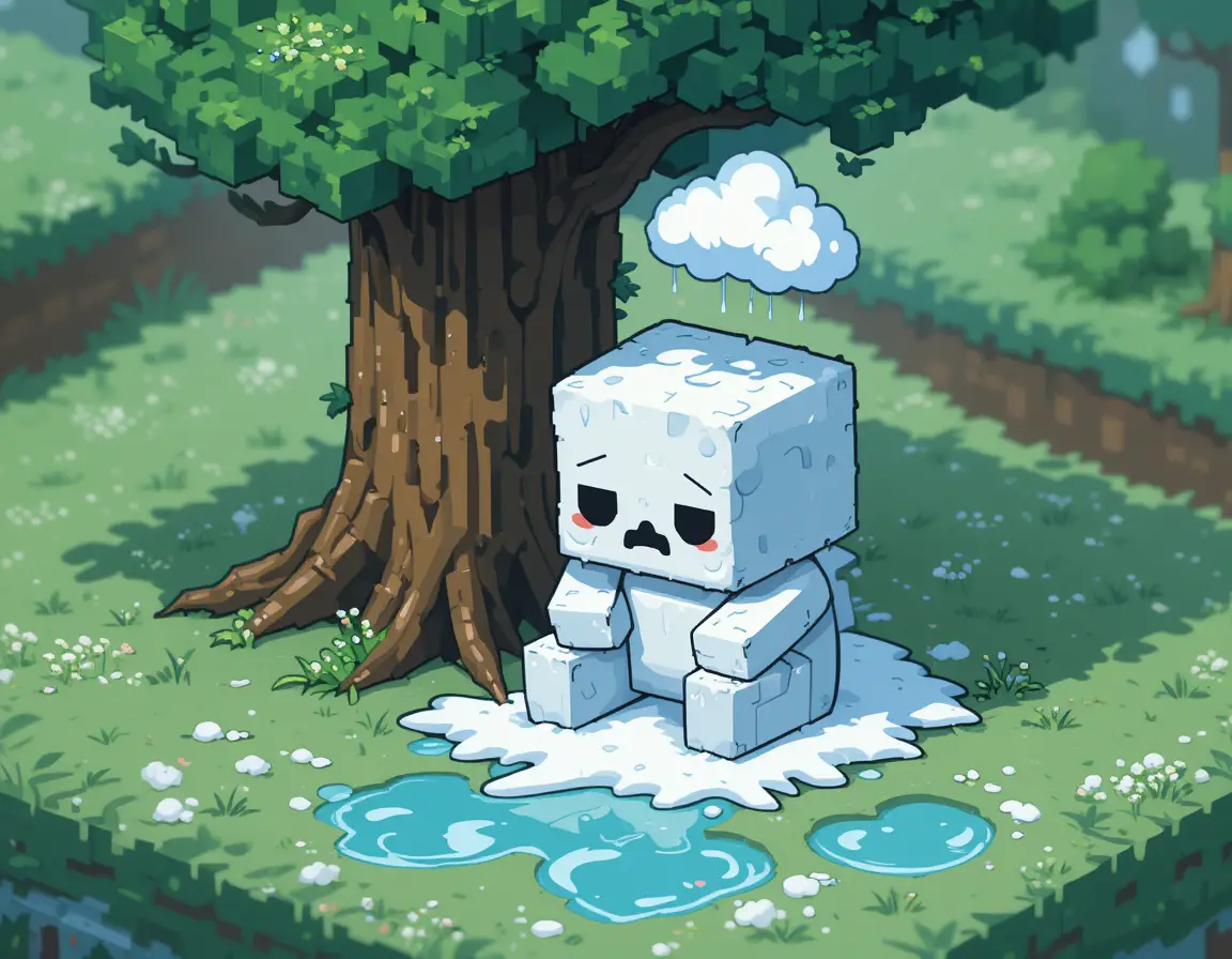 Sad snow golem melting under a tree in pixel art