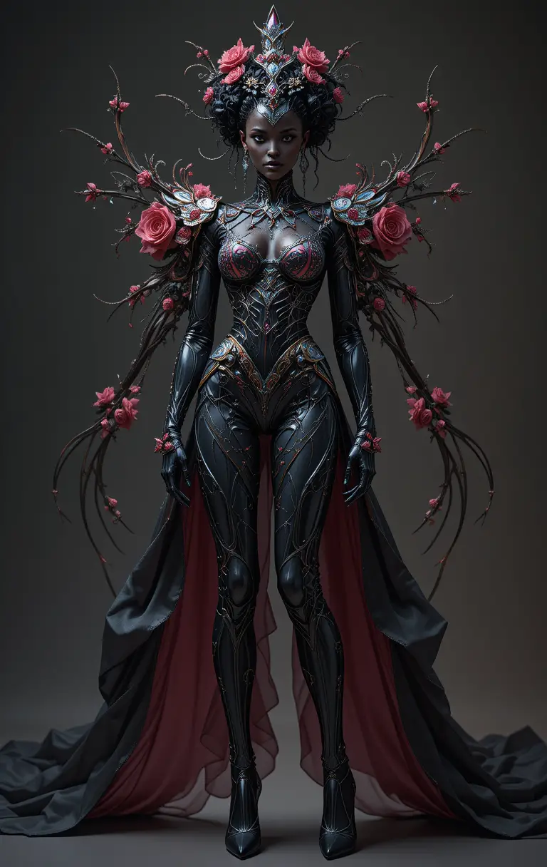 Opulent robotic goth goddess with dark skin and jewels