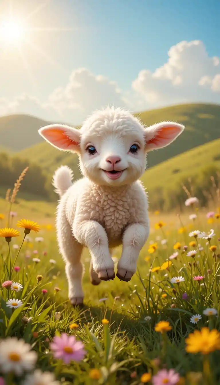 Joyful newborn lamb jumping in a sunny meadow