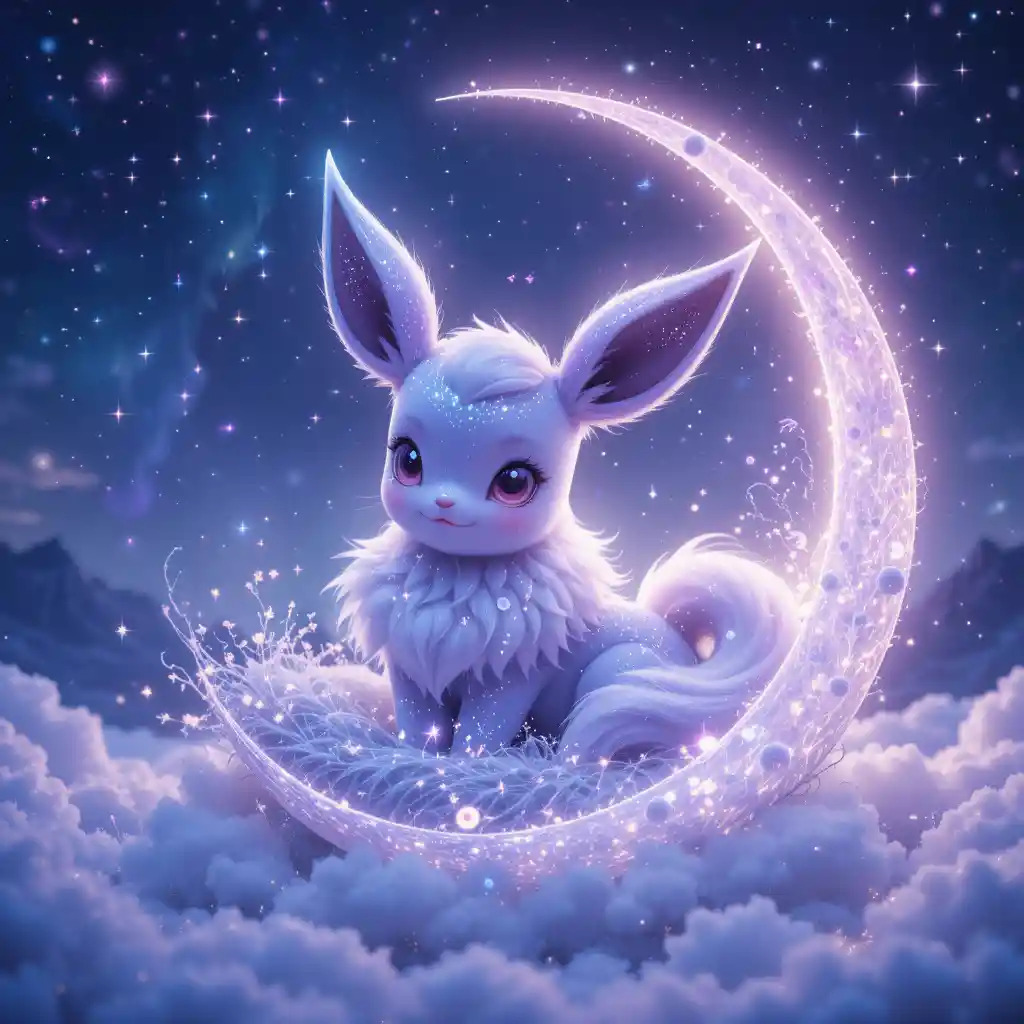 Eevee Resting In A Glowing Crescent Moon Night Sky