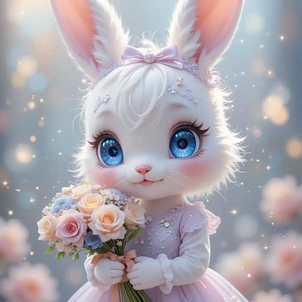 Cute white rabbit in lavender dress with flower bouquet