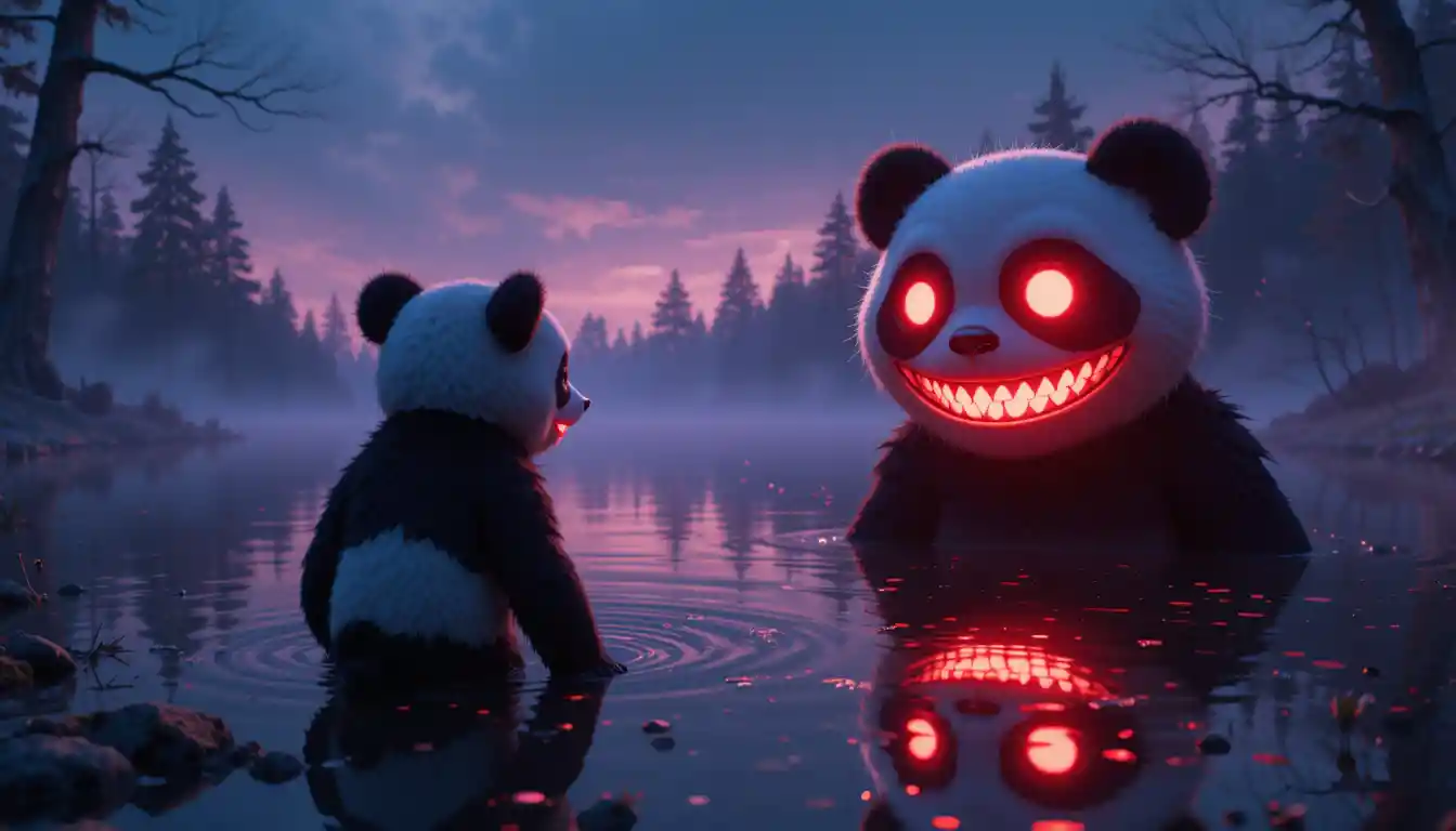 Cartoon panda recoiling from eerie reflection in glowing lake