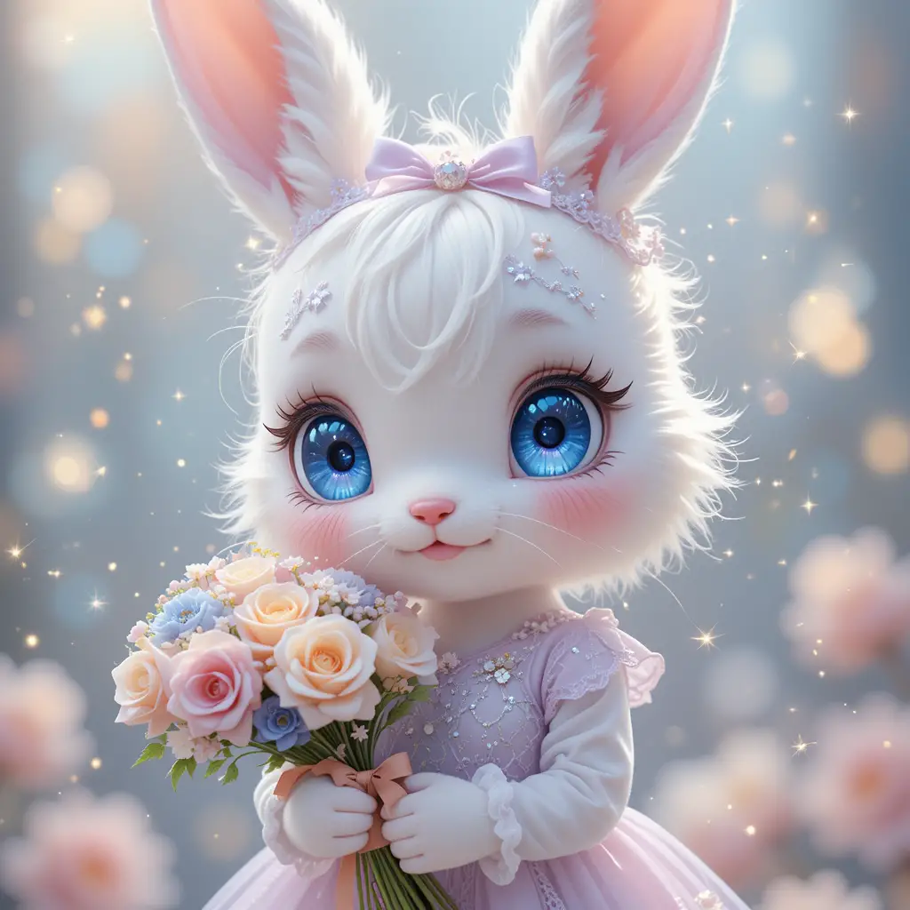 Cute white rabbit in lavender dress with flower bouquet
