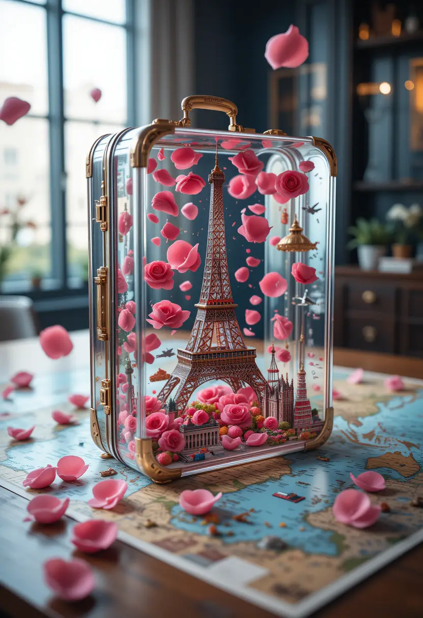 Transparent glass suitcase with eiffel tower and rose petals