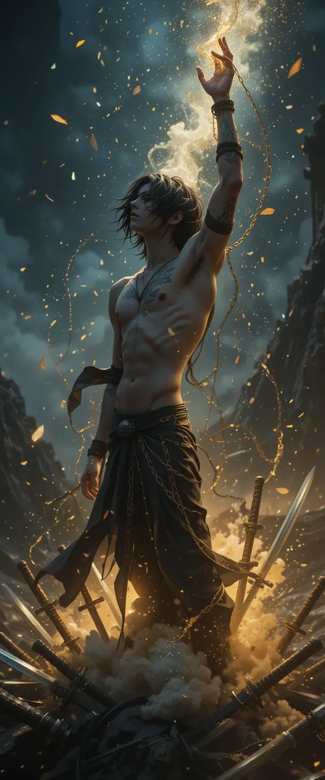 Anime warrior reaching upward in dark fantasy scene