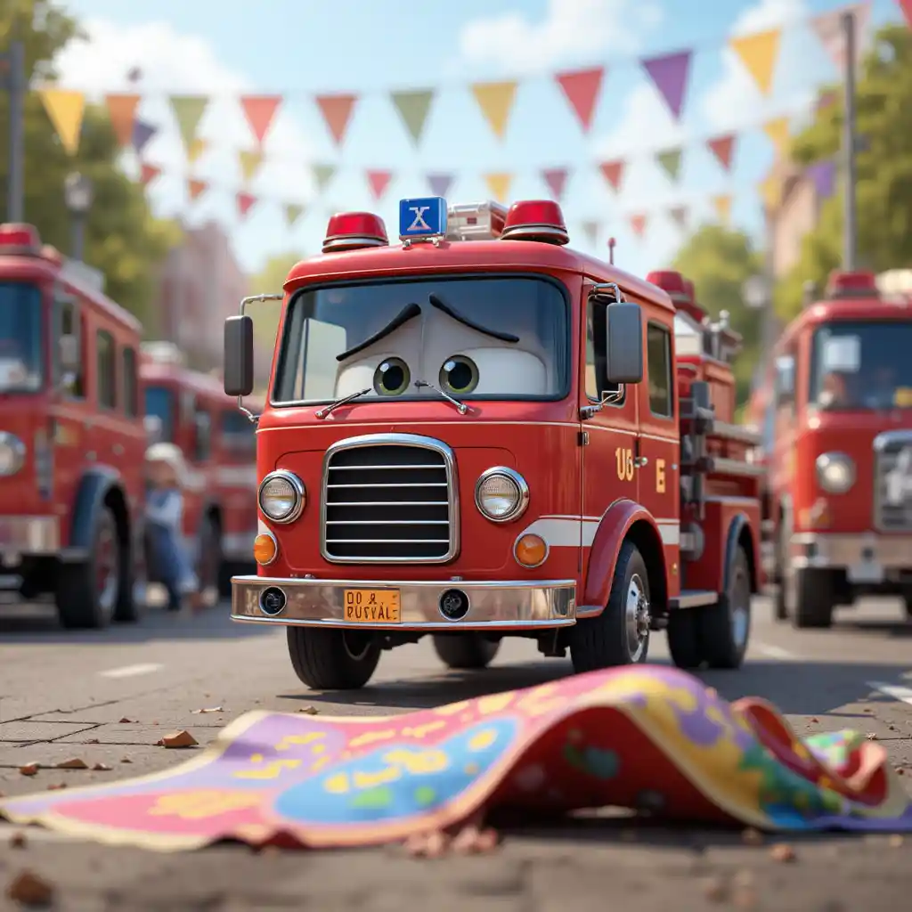 Sad little fire truck leaving a lively festival scene