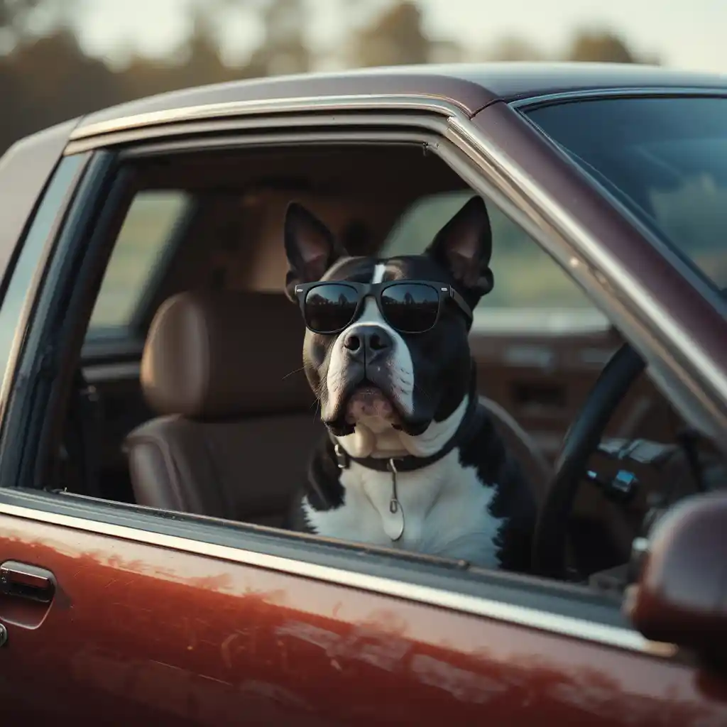 Maroon Buick Riviera Close Up With Dog In Driver Seat