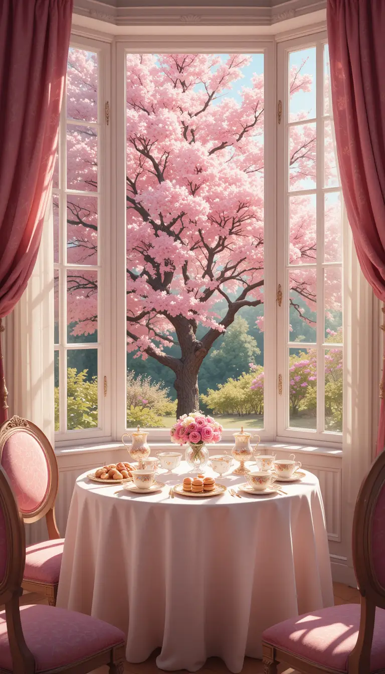 Sunny afternoon tea table by a window with cherry blossoms