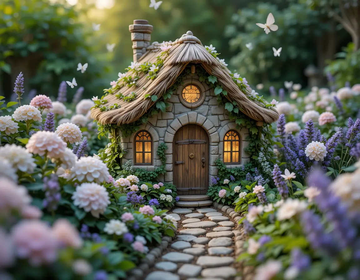 Tiny storybook cottage in a pastel fantasy garden