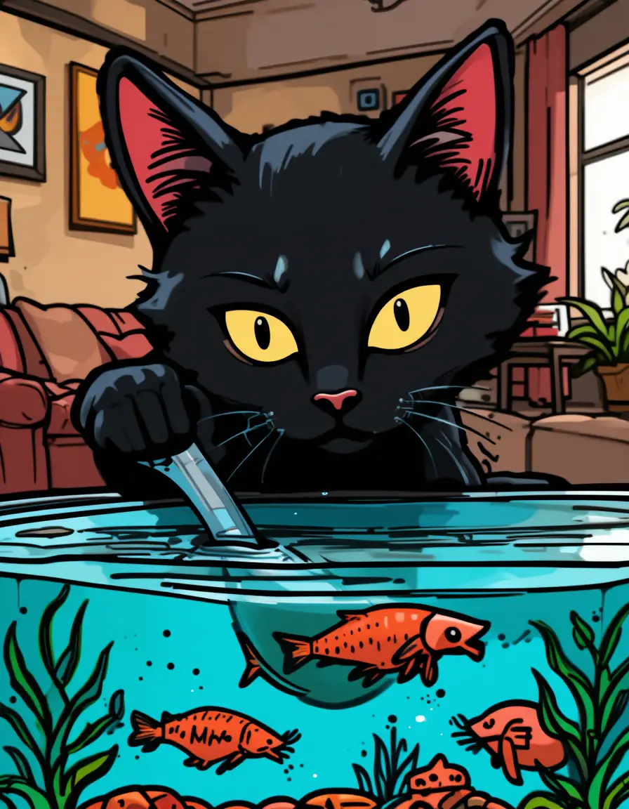 Black cat scooping fish from a tank in living room