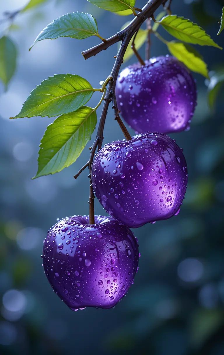 Shiny Purple Glass Apples With Dew On Tree Branch