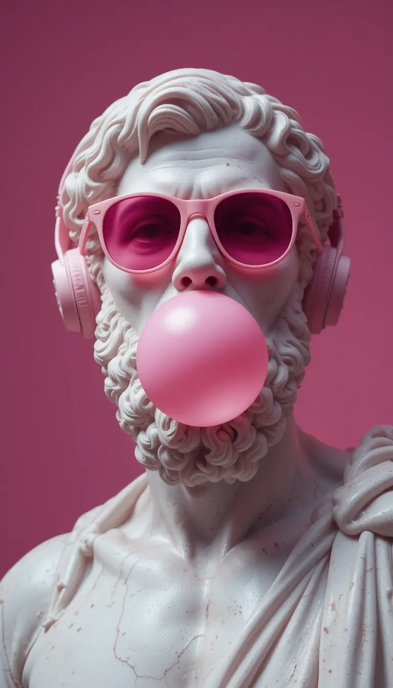 Marble statue of Socrates with pink sunglasses and headphones