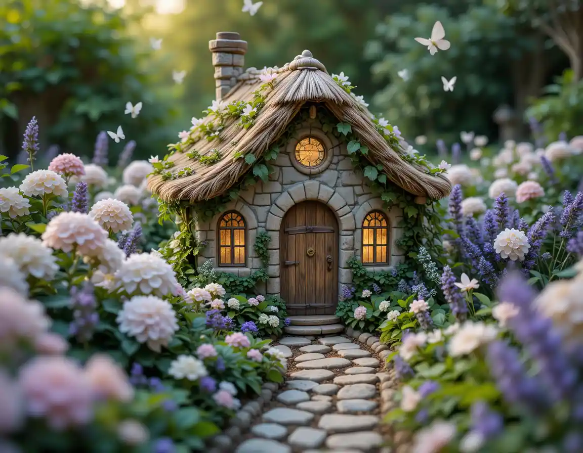 Tiny storybook cottage in a pastel fantasy garden