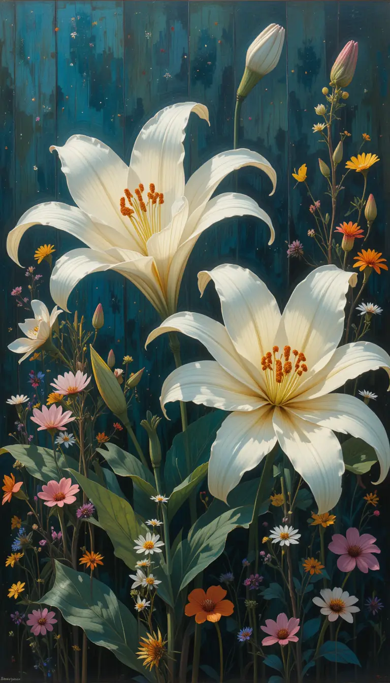 Huge lilies with hazy petals in bright abstract light