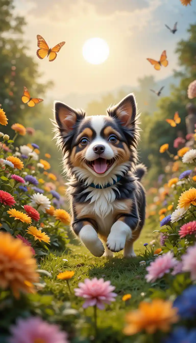 Cucciolo giocherellone che corre in un soleggiato giardino fiorito
