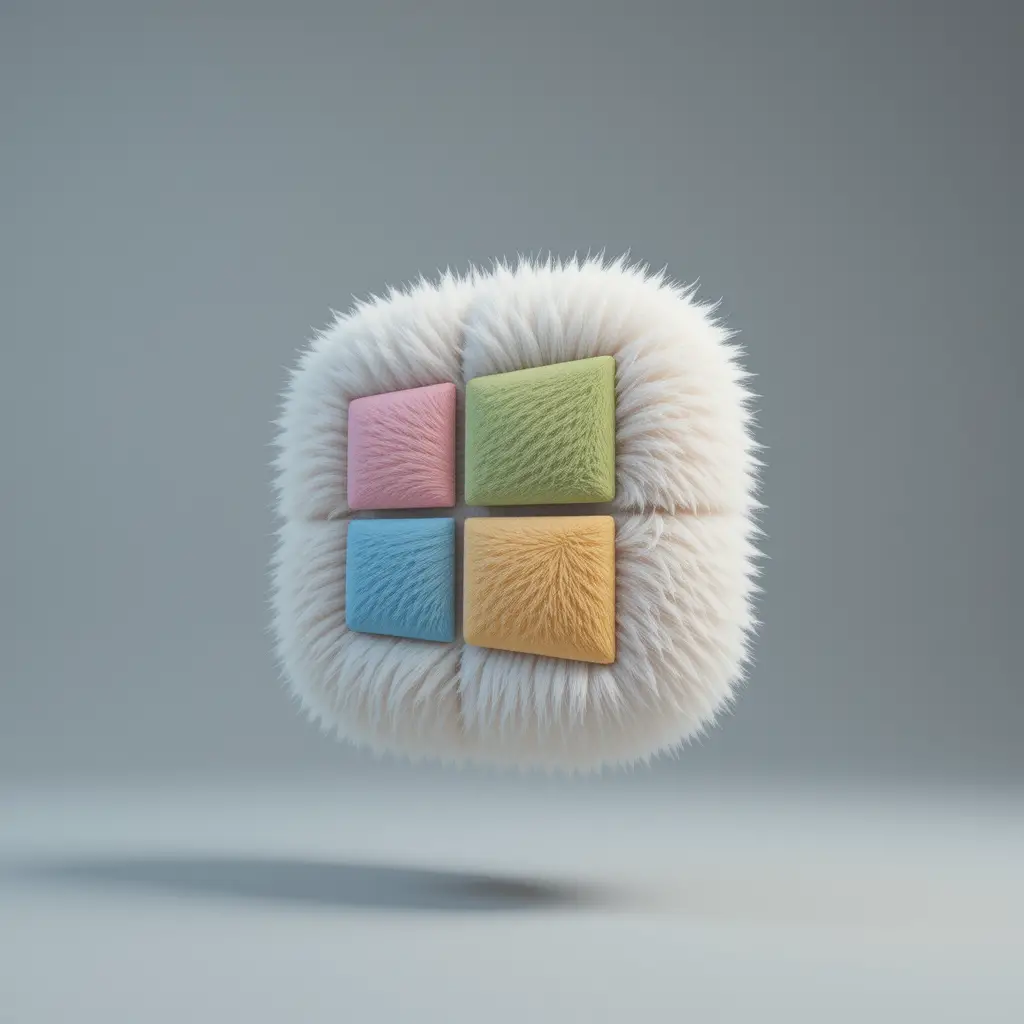 Fluffy 3D logo floating on soft gray background
