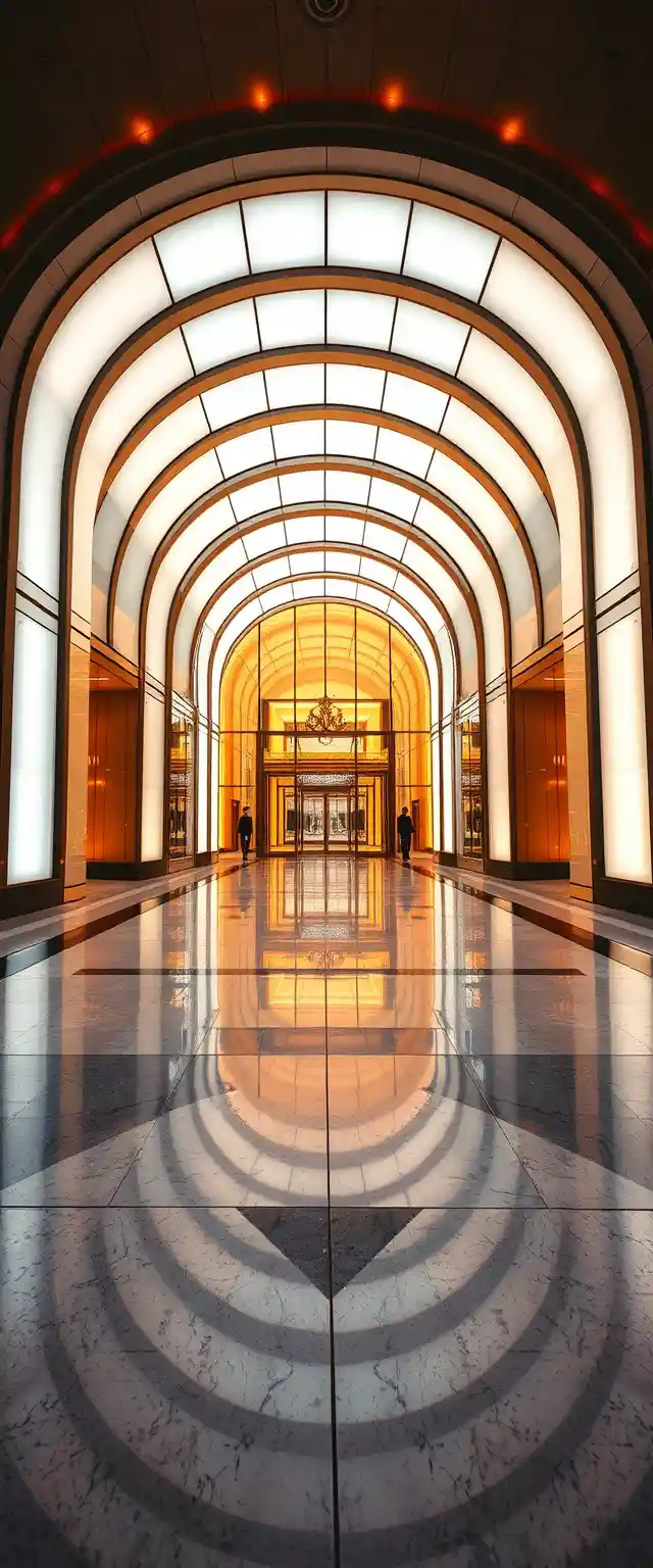 Modern grand building entrance with illuminated curved arch