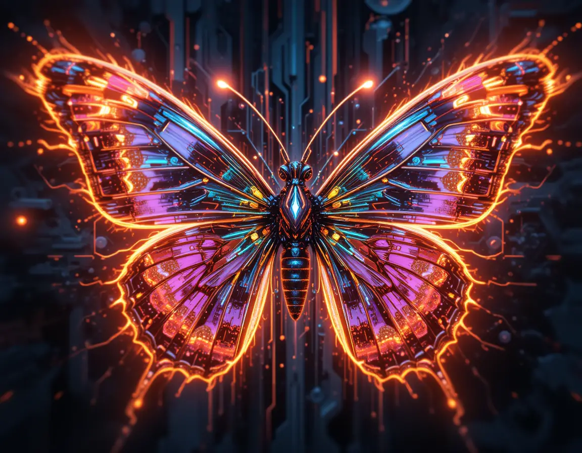 Cyberpunk butterfly with neon colors in kinetic art style