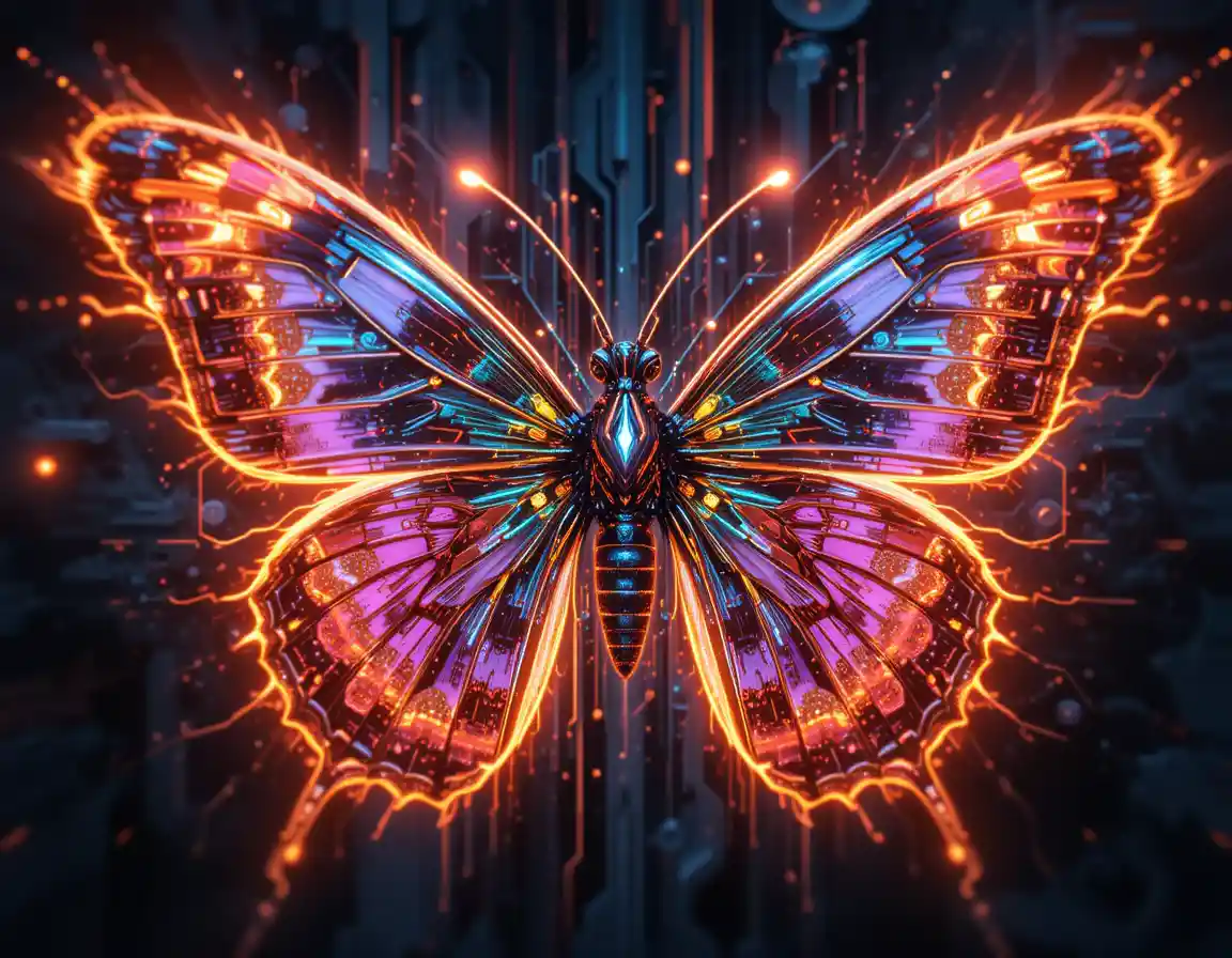 Cyberpunk butterfly with neon colors in kinetic art style