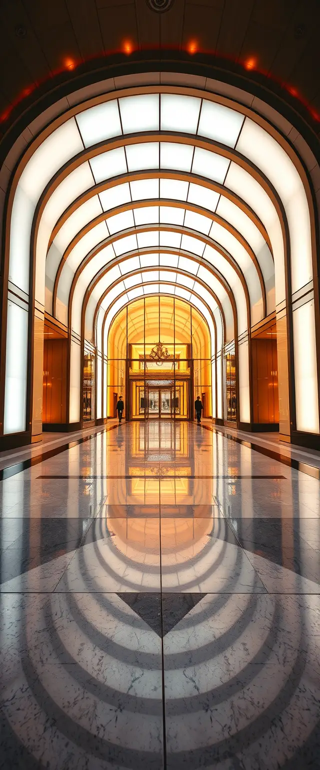Modern grand building entrance with illuminated curved arch