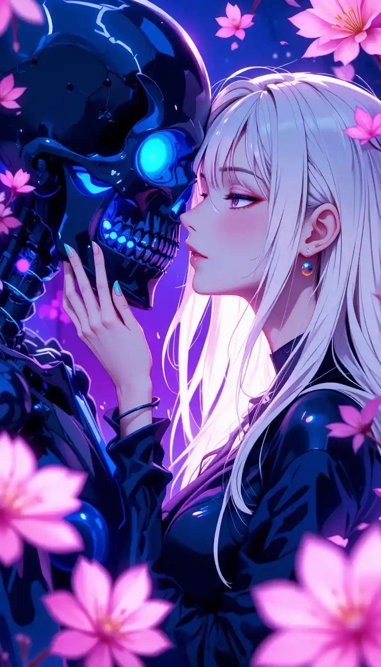 Anime girl leaning in to kiss glowing blue skull