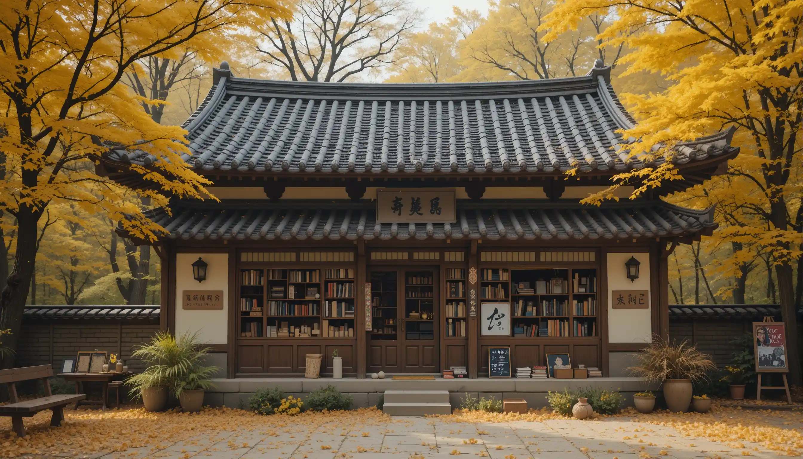 Traditional Korean countryside bookstore in warm autumn scenery