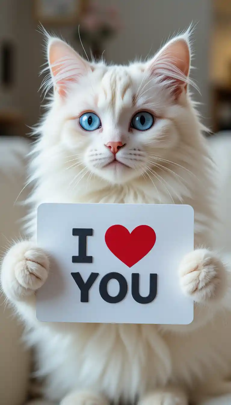 White fluffy blue eyed cat holding i love you card