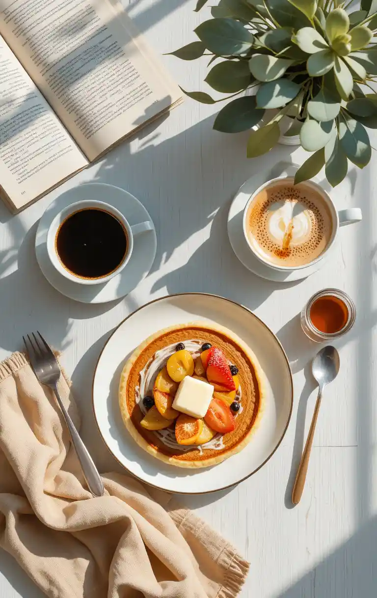 Cena aconchegante de café da manhã em flat lay com café e panquecas