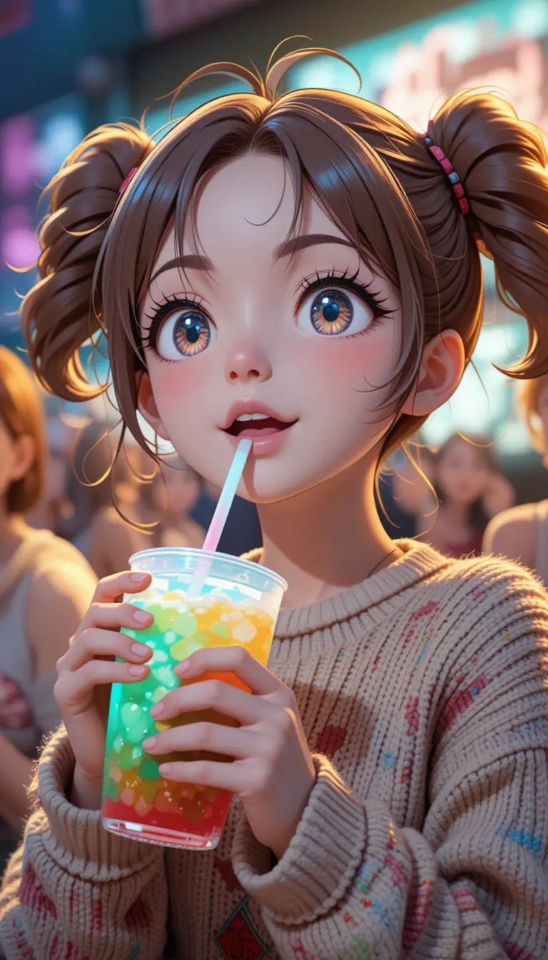 Süßes Anime-Mädchen genießt einen Film mit buntem Getränk