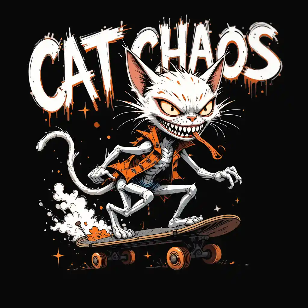 Punk cartoon cat racing on a trash can skateboard