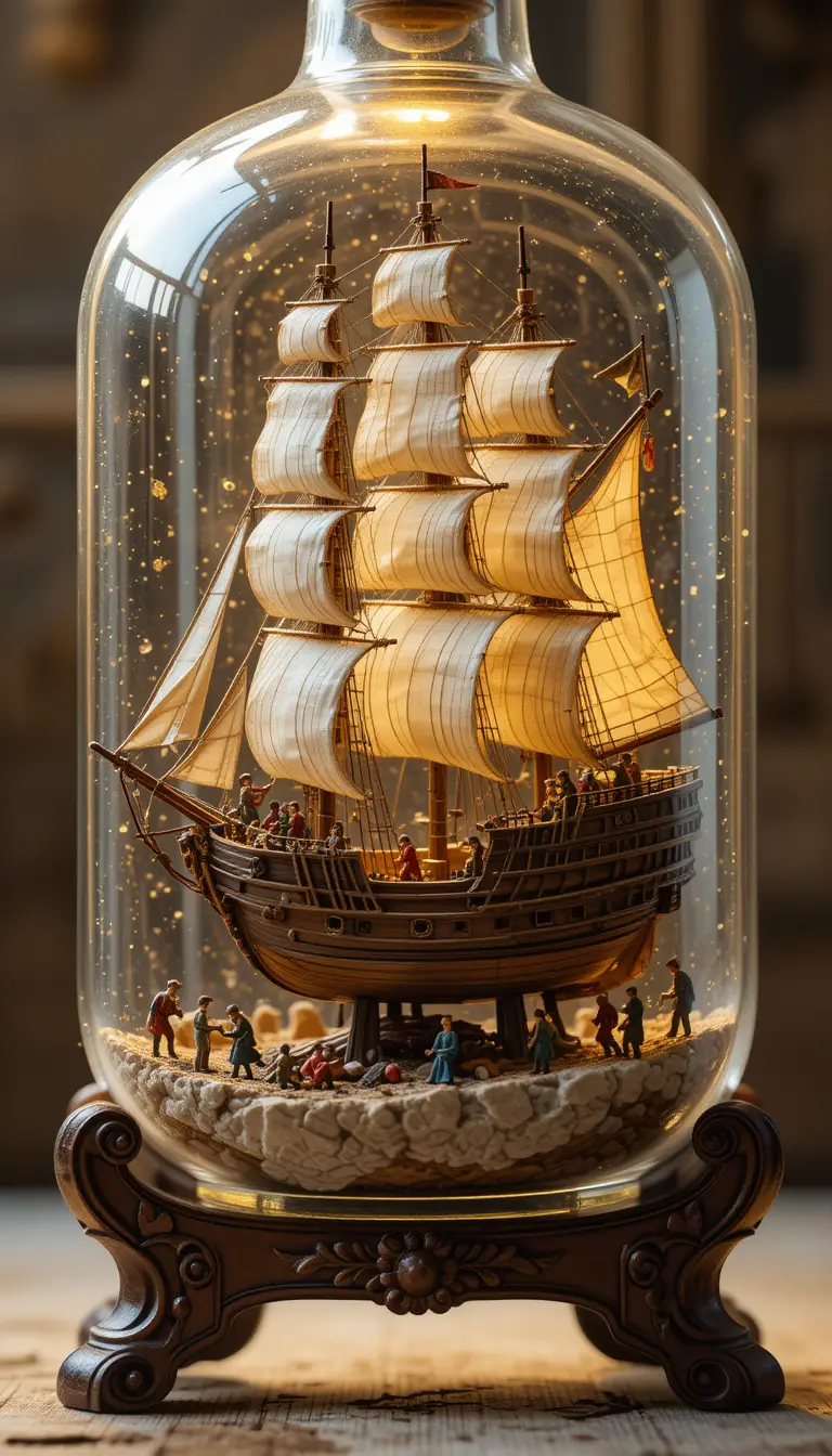 Miniature ship in a glowing bottle crafted by tiny figures