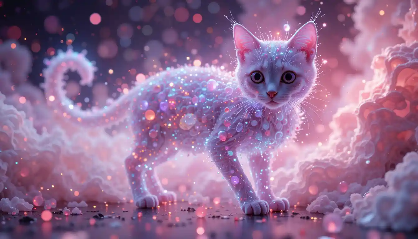 Majestic cat dissolving into glowing translucent particles