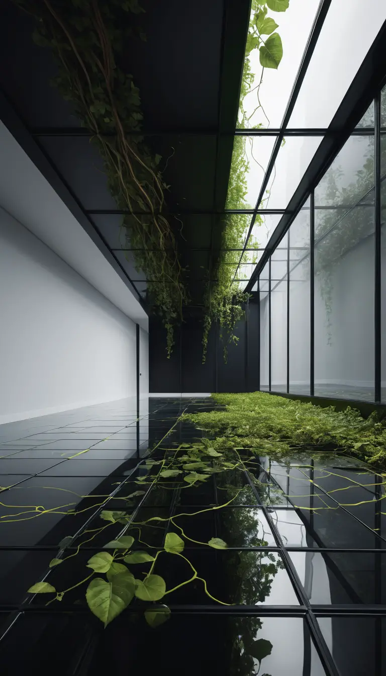 Glass Floor Above Void With Neon Vines And Stark Divide