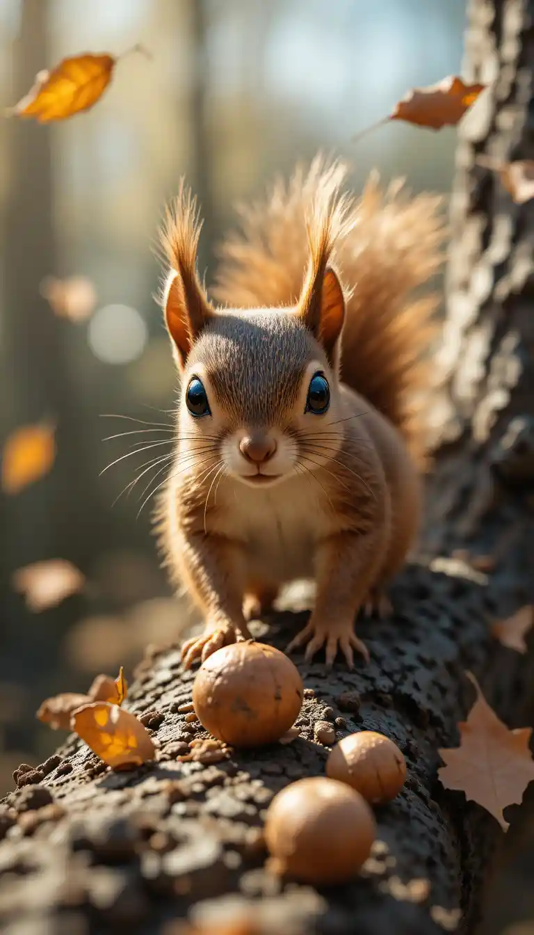 Cute squirrel walking on a tree branch toward nuts