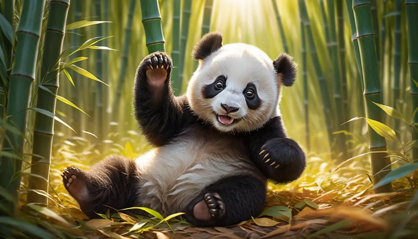Baby panda playing in a sunlit bamboo forest