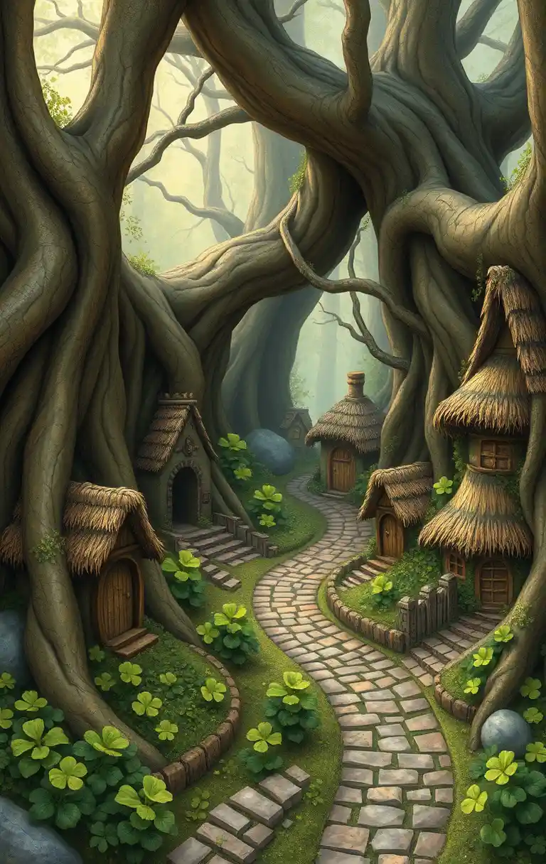 Whimsical fairy village among ancient tree roots