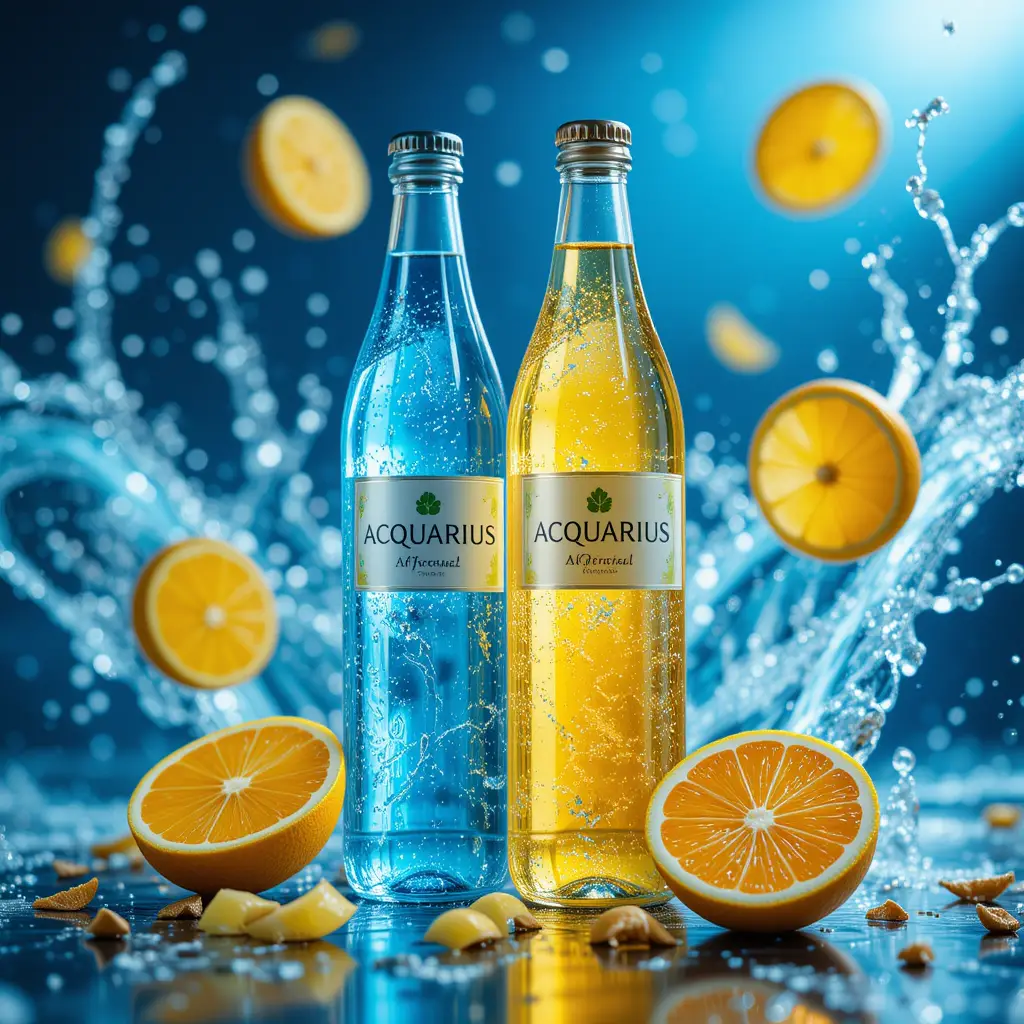 Luminous water bottles with citrus and splash background