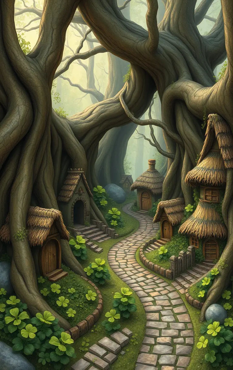 Whimsical fairy village among ancient tree roots