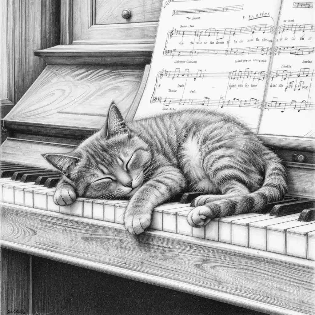 ピアノの鍵盤で眠るブリティッシュキャットの鉛筆画